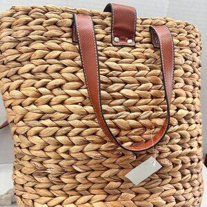 Basket Woven Beach Straw Backpack Tote Bag Purse Lined Vegan Leather Trim